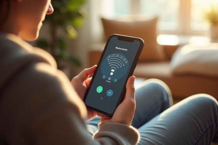 Jeune personne utilisant une application WiFi sur smartphone dans un salon lumineux
