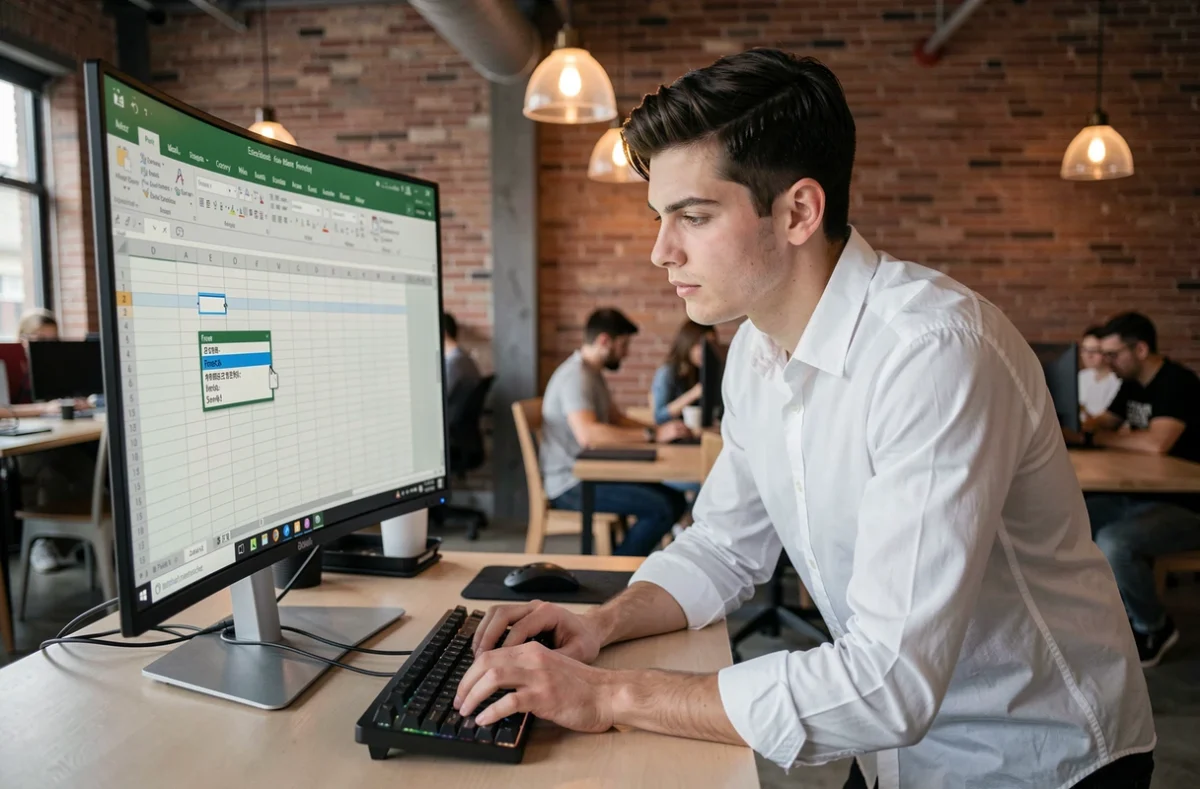 Jeune professionnel apprenant à figer des cellules Excel dans un espace de coworking