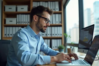 Jeune homme professionnel travaillant sur son ordinateur en bureau moderne