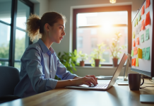 Jeune professionnel au bureau avec notes SEO colorées