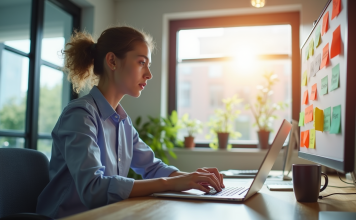 Jeune professionnel au bureau avec notes SEO colorées