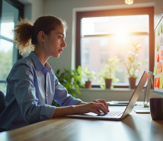 Jeune professionnel au bureau avec notes SEO colorées