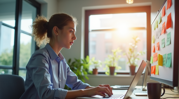 Jeune professionnel au bureau avec notes SEO colorées