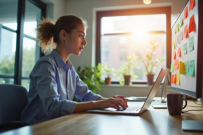 Jeune professionnel au bureau avec notes SEO colorées