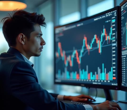 Inconvénients de la technologie : impacts économiques et sociaux à surveiller Jeune professionnel inquiet face à des écrans avec des graphiques en baisse