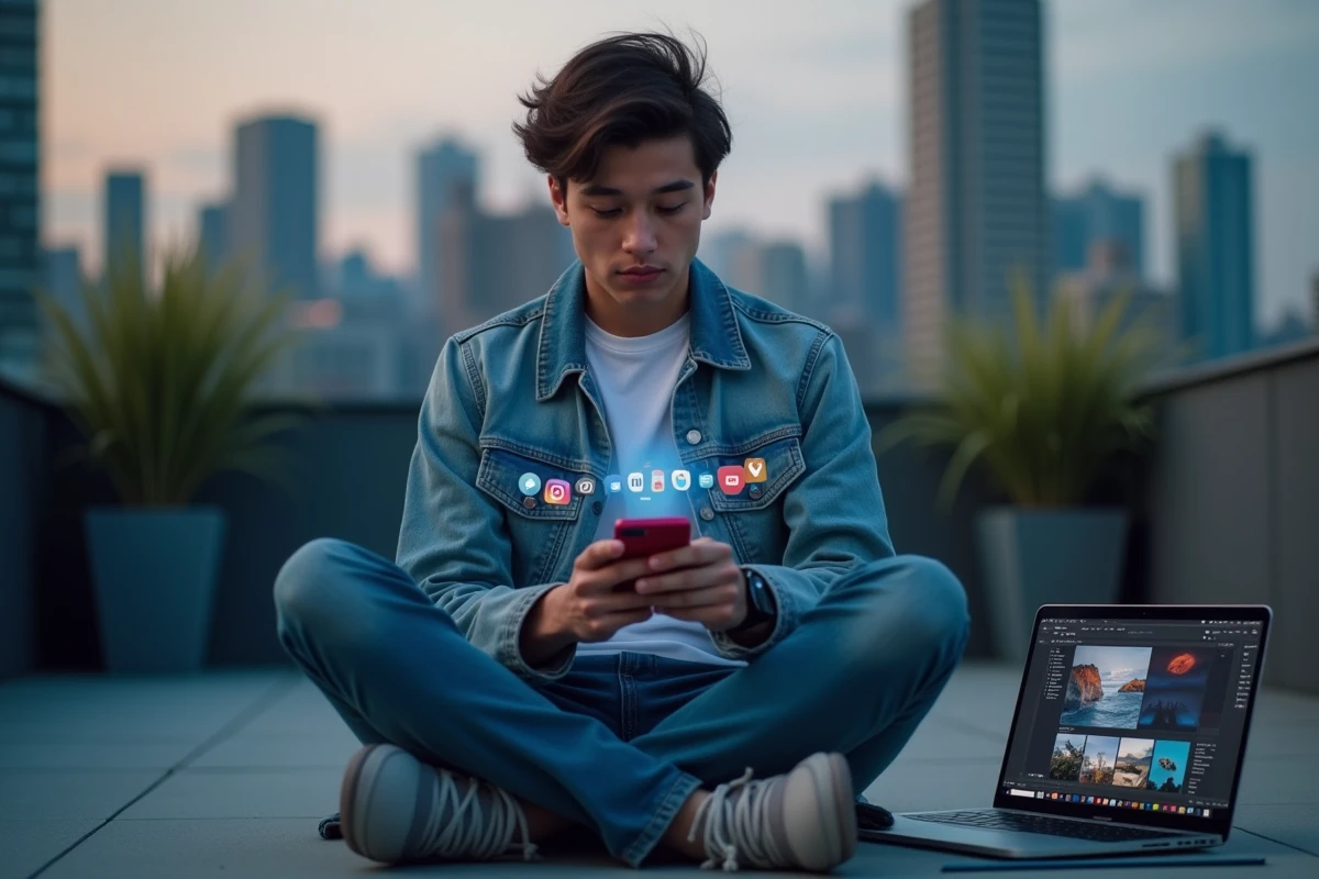 Jeune adulte assis sur une terrasse urbaine tenant un smartphone avec des icônes de réseaux sociaux et un ordinateur portable ouvert, symbolisant l'usage quotidien d'internet, du web et des applications sociales