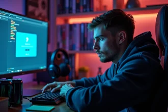 Joueur frustré face à un écran d'interdiction de compte Activision dans une salle de jeu moderne