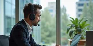 Journaliste utilisant un ordinateur portable avec casque en environnement moderne