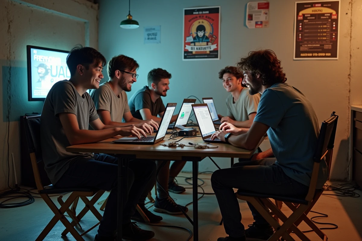 Groupe d'amis réunis pour une LAN party nostalgique autour d'ordinateurs affichant des classements de ping rétro dans un sous-sol décoré de posters gaming