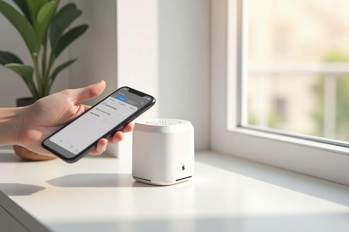 Main atteignant un routeur WiFi avec smartphone en intérieur moderne