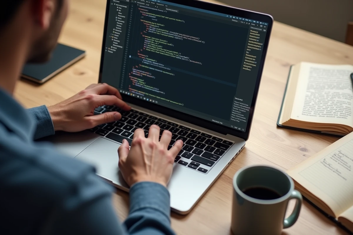 Mains d'un développeur modifiant le paramètre popup dans un éditeur de code sur un bureau minimaliste