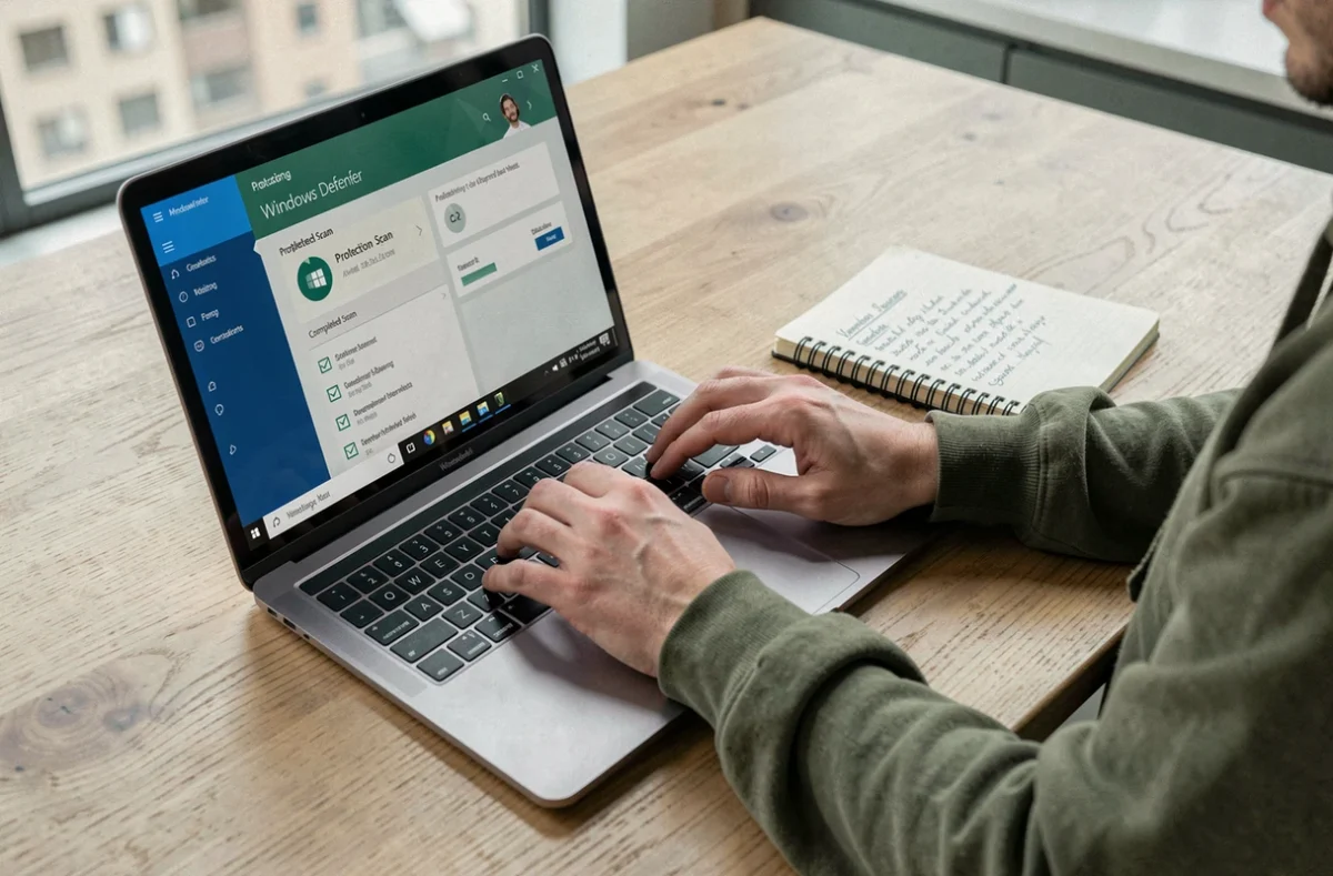 Mains naviguant sur le tableau de bord Windows Defender sur un laptop posé sur une table en bois avec un carnet de notes sécurité