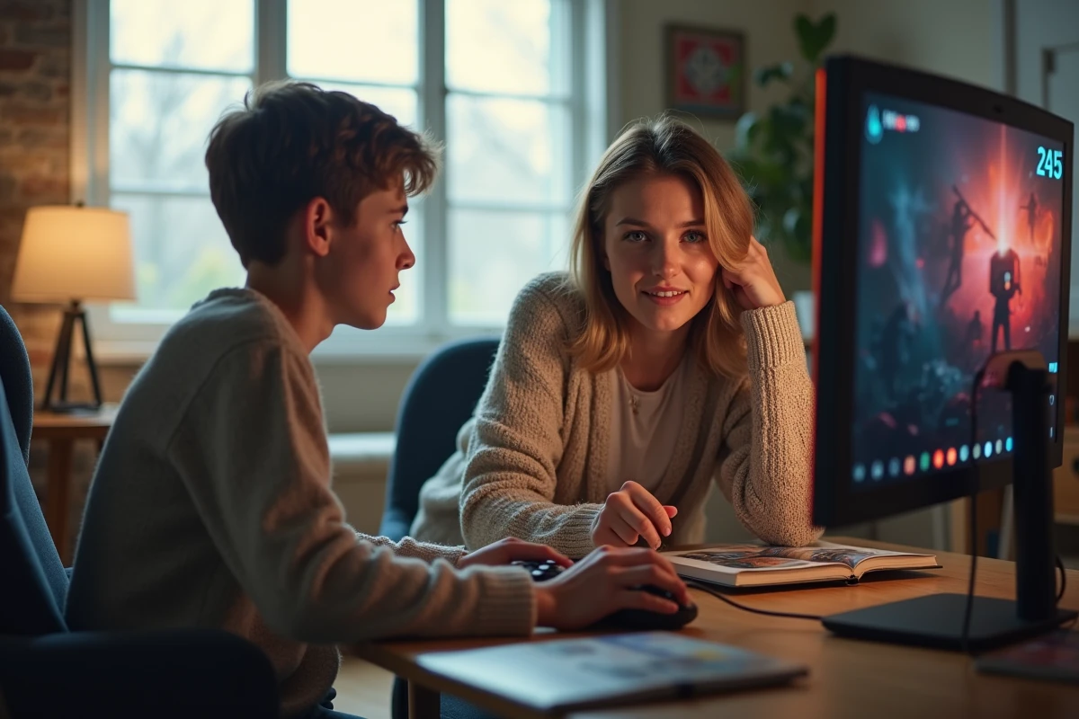 Maman observant son fils gamer dans un salon lumineux