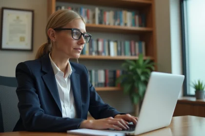 Femme professeure utilisant une messagerie académique institutionnelle sur ordinateur portable dans un bureau universitaire