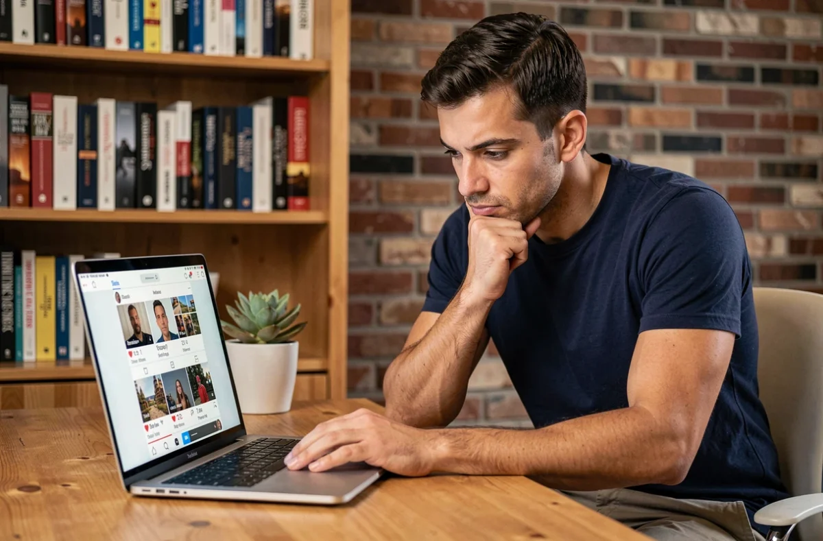 Homme consultant discrètement un profil Instagram sur un ordinateur portable dans un bureau à domicile, symbolisant la navigation anonyme sur les réseaux sociaux