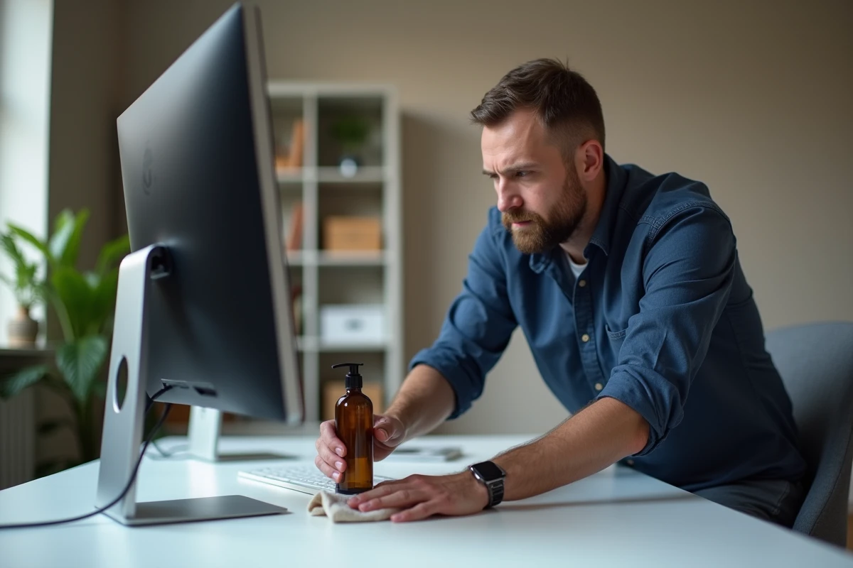 Homme appliquant un produit nettoyant fait maison sur un écran de bureau avec un chiffon microfibre dans un espace de travail minimaliste