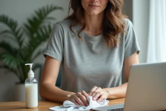 Femme nettoyant un écran d'ordinateur portable avec un chiffon microfibre et un produit maison au vinaigre blanc sur un bureau en bois