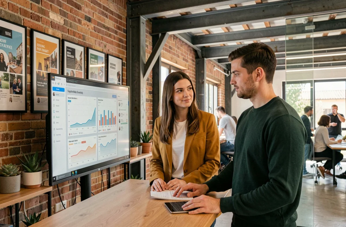 Duo de professionnels en marketing digital et développement web discutant d'une campagne sur grand écran tactile dans l'agence NEWP à Aix-en-Provence