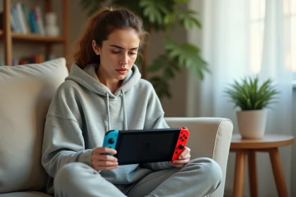 Jeune femme tenant une Nintendo Switch avec un écran noir et éteint, assise sur un canapé en lin beige dans un salon, expression de frustration