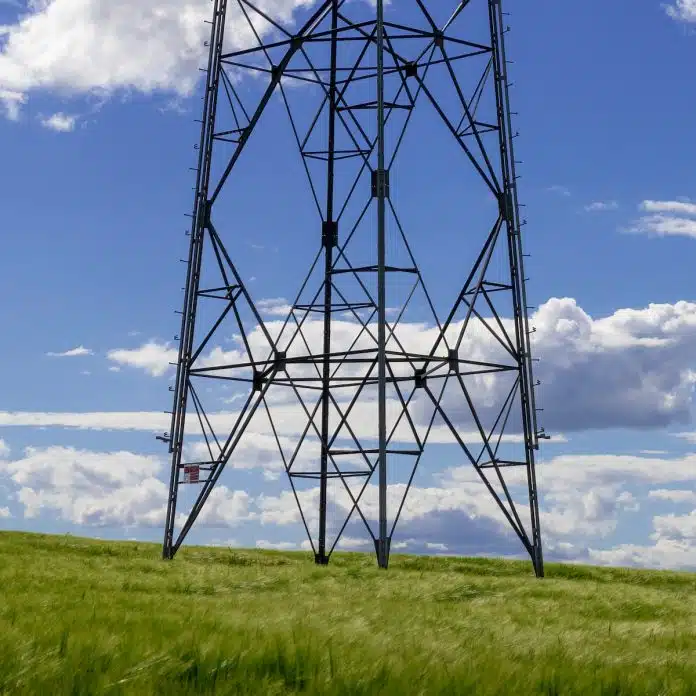 a tall metal tower sitting on top of a lush green field