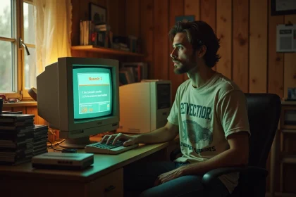 Un homme nostalgique face à un écran CRT affichant une connexion Internet dial-up des années 2000, évoquant la nostalgie d'Internet et les classements par ping