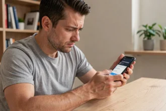 Homme frustré consultant les paramètres de notification AudioDisplayed sur son smartphone Android dans un bureau à domicile