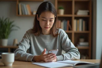Jeune femme optimisant la mémoire de son smartphone depuis un bureau en bois à domicile