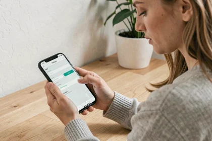 Femme paramétrant un compte 1&1 Webmail sur un smartphone Android depuis son bureau à domicile