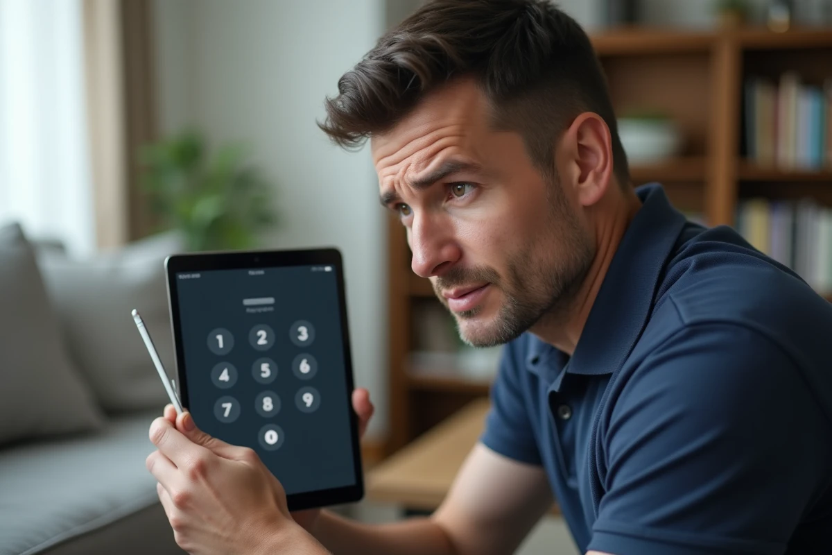 Père tenant une tablette Samsung affichant un écran de verrouillage par code PIN dans un salon familial