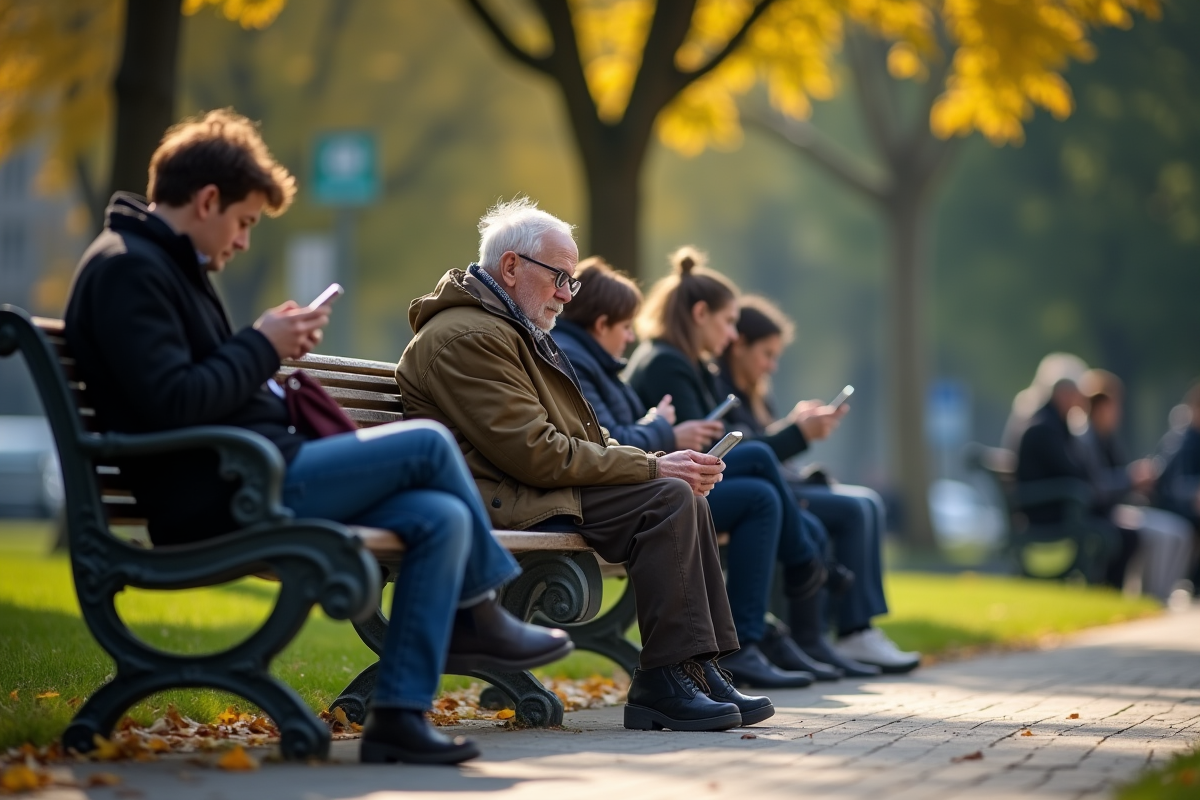 Personne agee seule sur un banc de parc entourée de gens avec téléphones