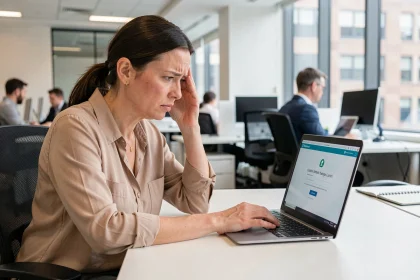Femme frustrée face à un écran d'erreur de connexion sur son compte Cegidlife avant une échéance professionnelle