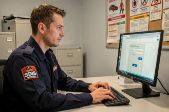 Pompier en uniforme SDIS utilisant un ordinateur de bureau pour récupérer son mot de passe oublié sur la plateforme Artemis