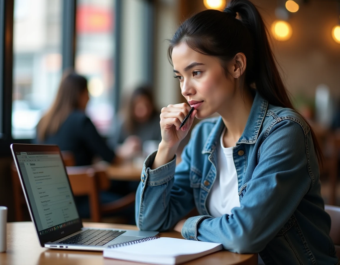 Jeune femme préparant sa candidature whitelist pour un serveur FiveM dans un café