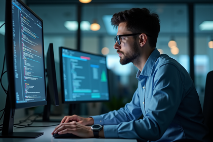 Jeune homme professionnel IT surveillant des données sur un grand écran