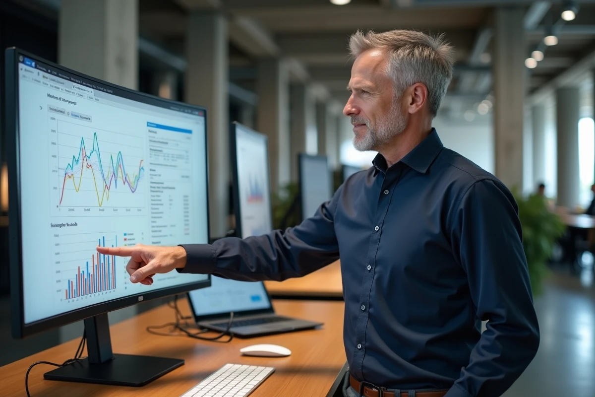 Professionnel analysant un rapport de positionnement SEO sur grand écran dans un bureau moderne pour optimiser durablement ses résultats Evoluseo