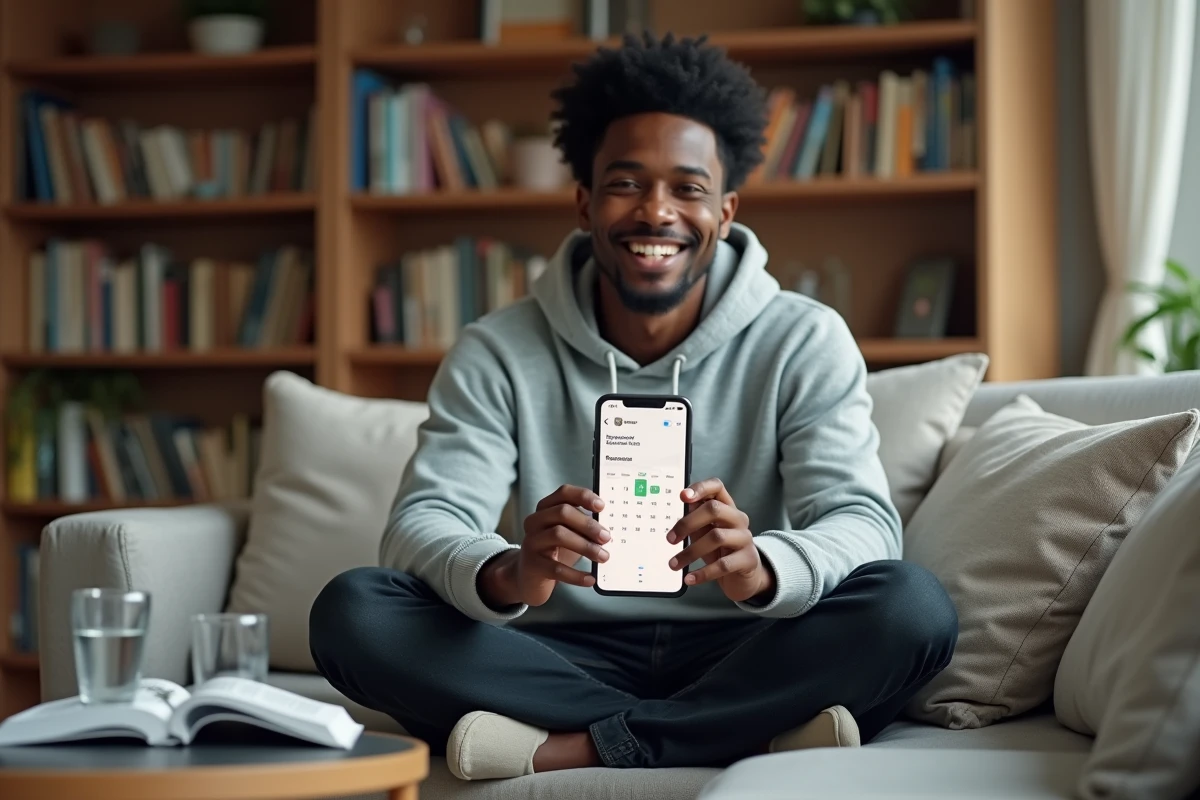 Personne programmant un rappel WhatsApp sur téléphone depuis un canapé dans un salon cosy
