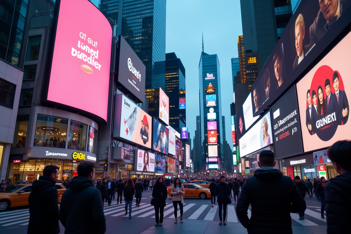 Publicités numériques sur panneaux dans une ville au crépuscule