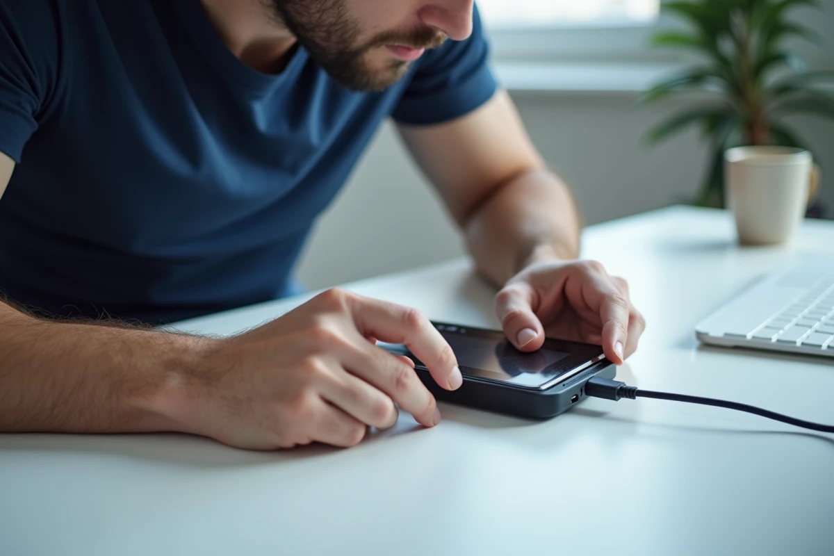 Homme branchant un câble de charge USB-C sur une Nintendo Switch posée sur un bureau blanc, tentative de redémarrage de la console