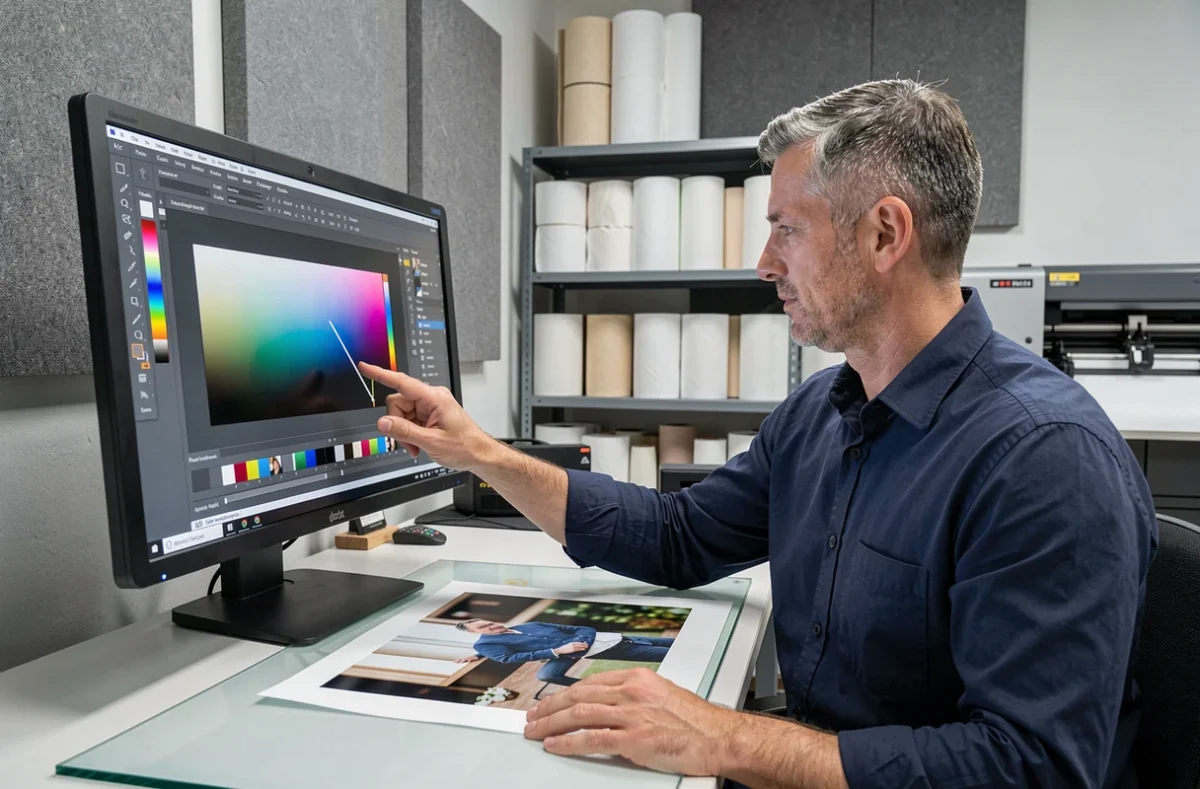 Photographe professionnel réglant la résolution d'impression A4 sur un poste de travail en studio photo