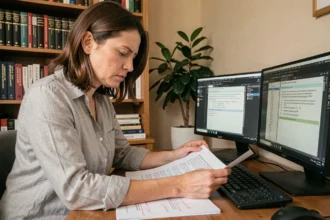Traductrice ajustant les paramètres d'un logiciel de traduction pour éviter les contresens sur un document bilingue