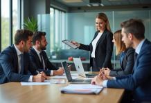 Groupe de professionnels en réunion d'affaires avec présentation digitale