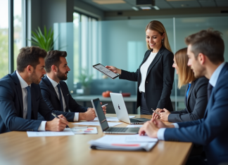 IA en entreprise : améliorer ses opérations commerciales grâce à l’intelligence artificielle Groupe de professionnels en réunion d'affaires avec présentation digitale