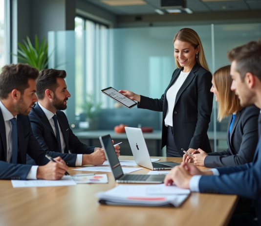 IA en entreprise : améliorer ses opérations commerciales grâce à l’intelligence artificielle Groupe de professionnels en réunion d'affaires avec présentation digitale