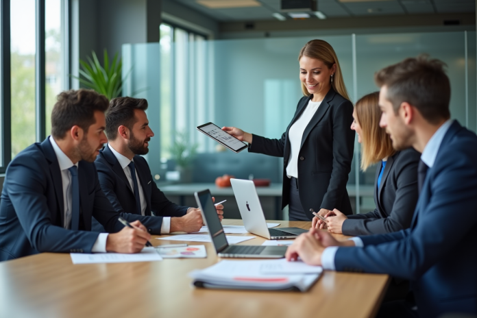 Groupe de professionnels en réunion d'affaires avec présentation digitale
