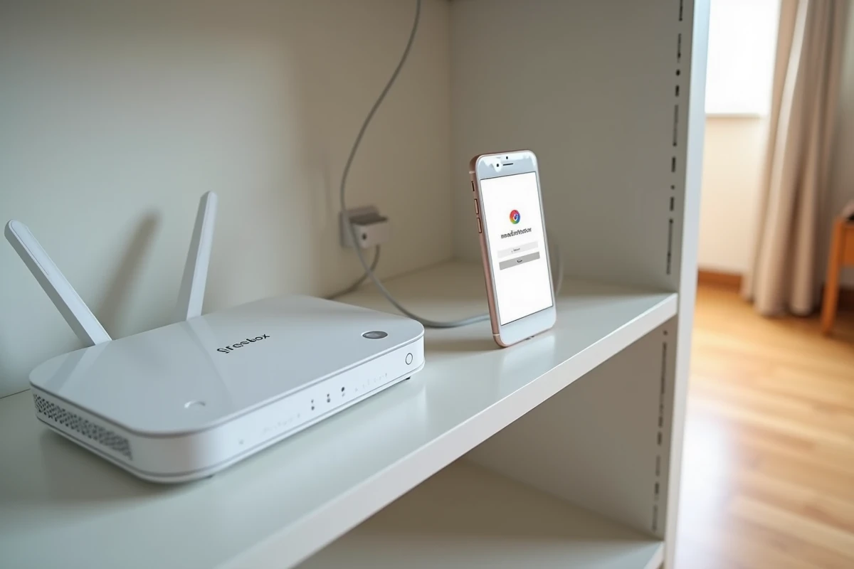 Routeur Freebox Delta et smartphone affichant la page de connexion mafreebox.freebox.fr pour la configuration Wi-Fi
