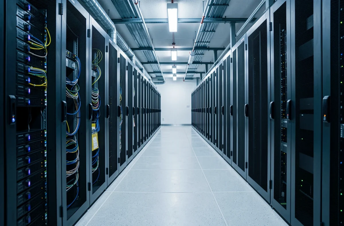Salle de serveurs d'un centre de données avec des baies alignées