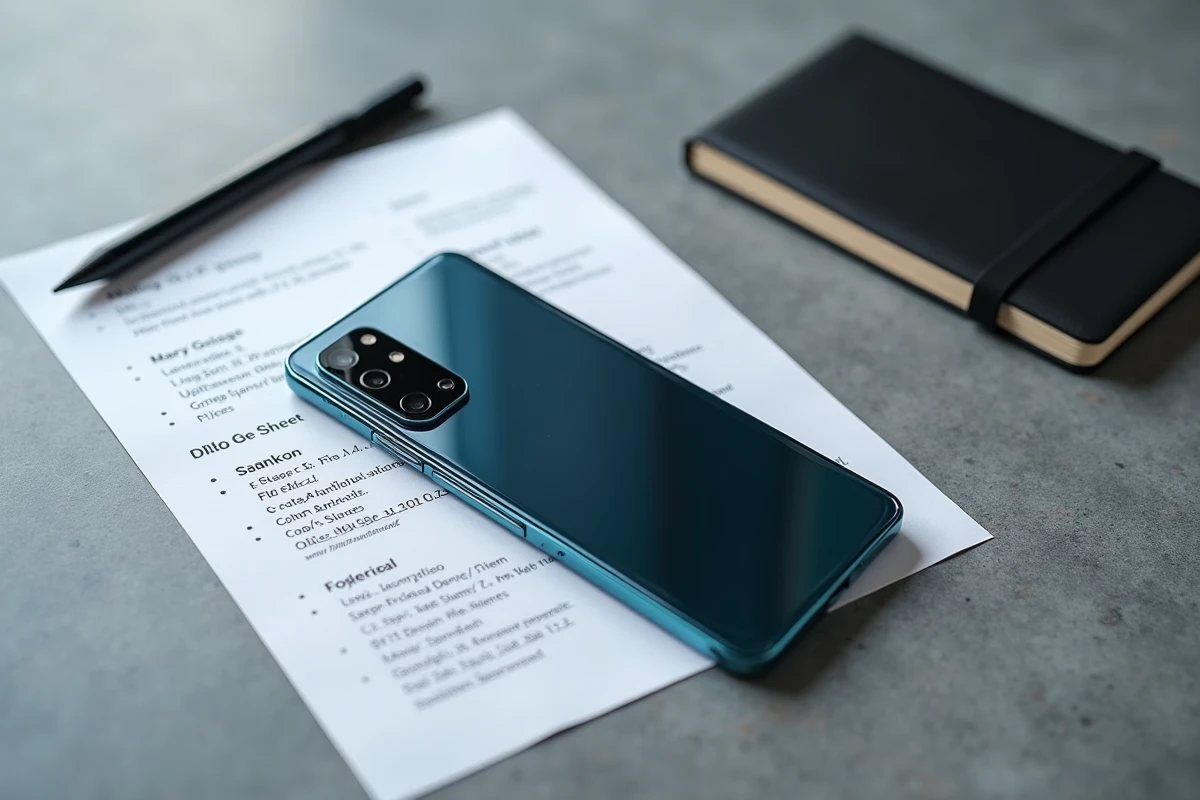 Samsung Galaxy S24 FE posé sur une surface en béton avec une fiche technique imprimée, vue de dessus dans un contexte d'analyse comparative