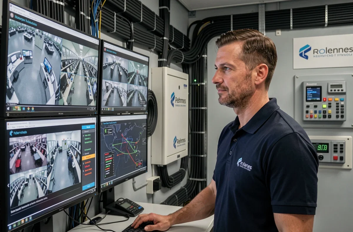 Spécialiste de Securitas Technology supervisant des systèmes de sûreté connectée et d'IA dans un centre opérationnel à Rennes
