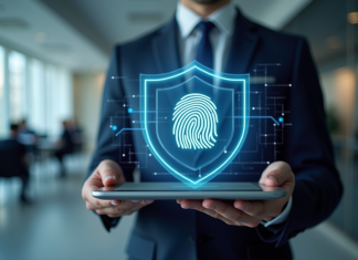 Personne en costume tenant une tablette avec un bouclier et empreinte digitale