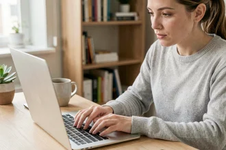 Femme appuyant sur la touche Shift d'un clavier MacBook pour accéder aux caractères spéciaux